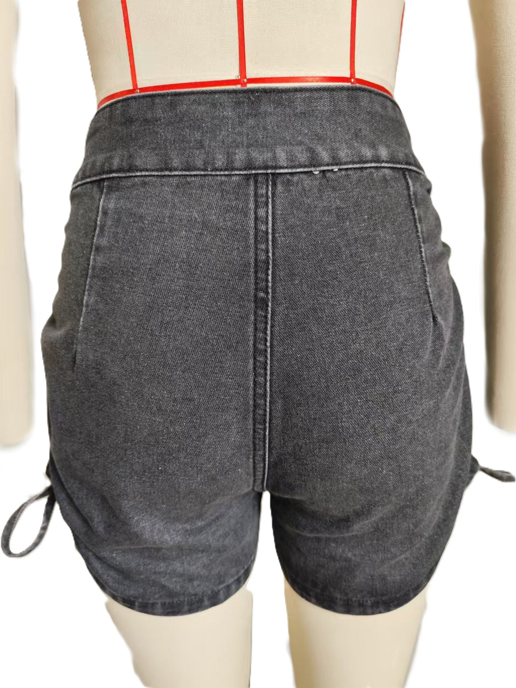 Ruched Drawstring Side Denim Shorts - Black - 2
