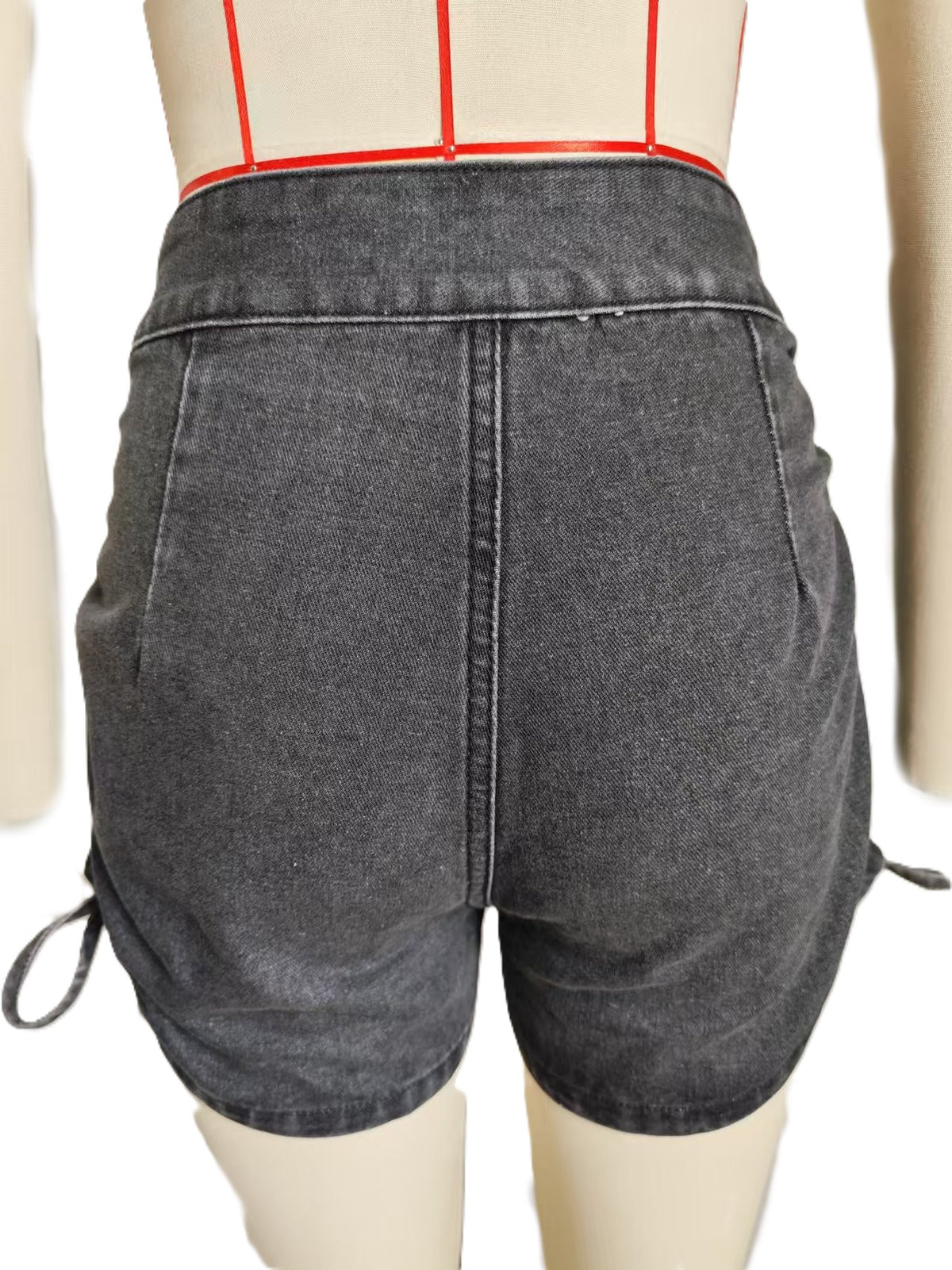Ruched Drawstring Side Denim Shorts - Black - 2