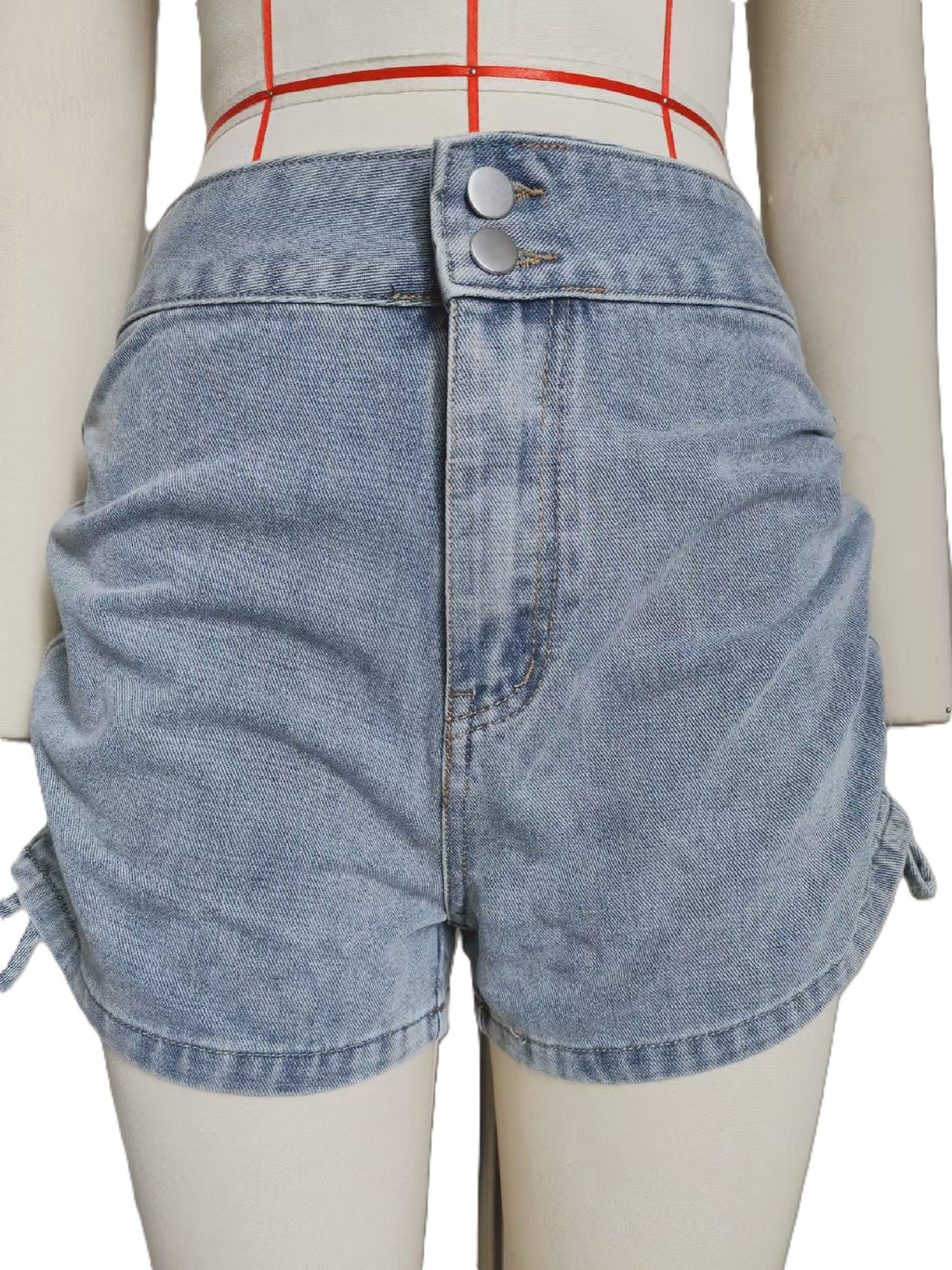 Ruched Drawstring Side Denim Shorts - Blue