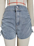 Ruched Drawstring Side Denim Shorts - Blue