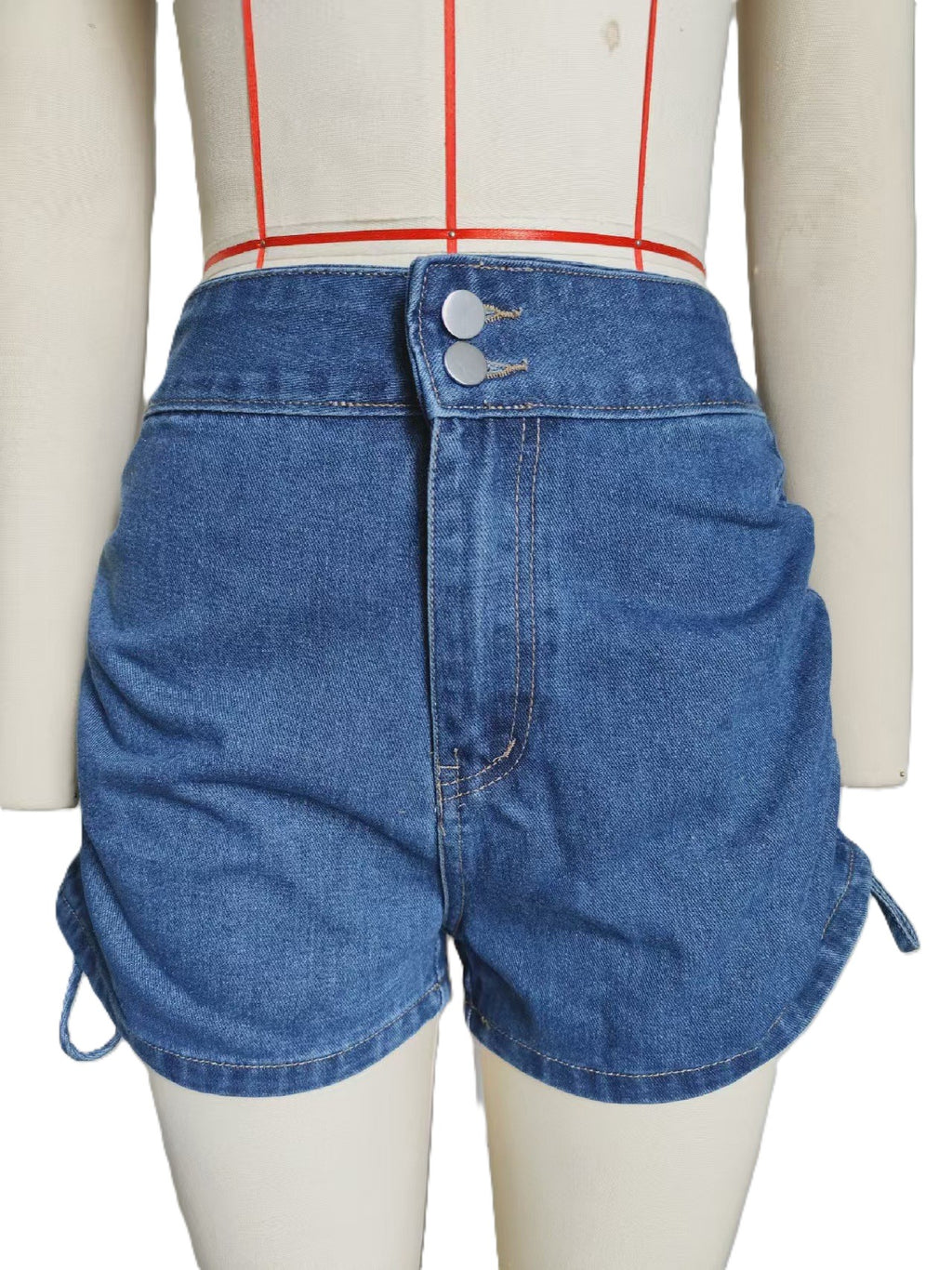 Ruched Drawstring Side Denim Shorts - Darkblue