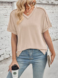 Waffle Knit V Neck Oversized Tee - Apricot