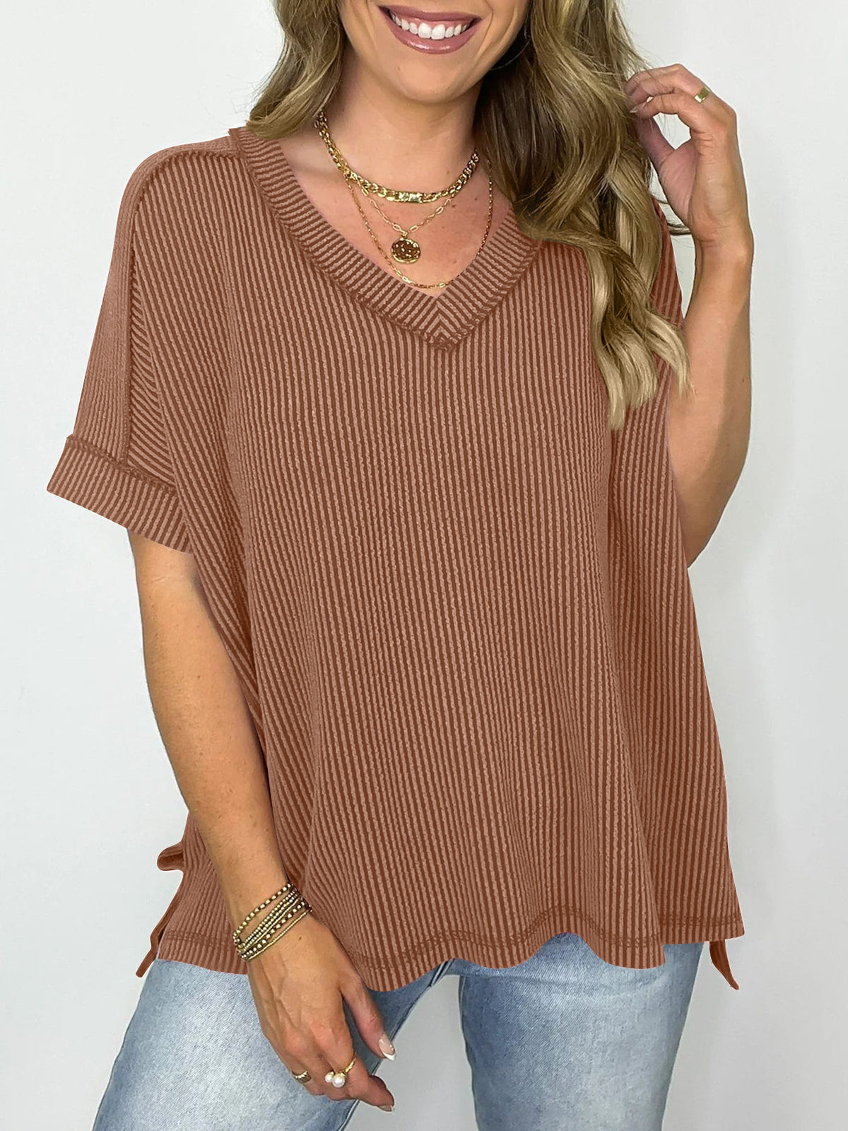 Waffle Knit V Neck Oversized Tee - Brown - 1