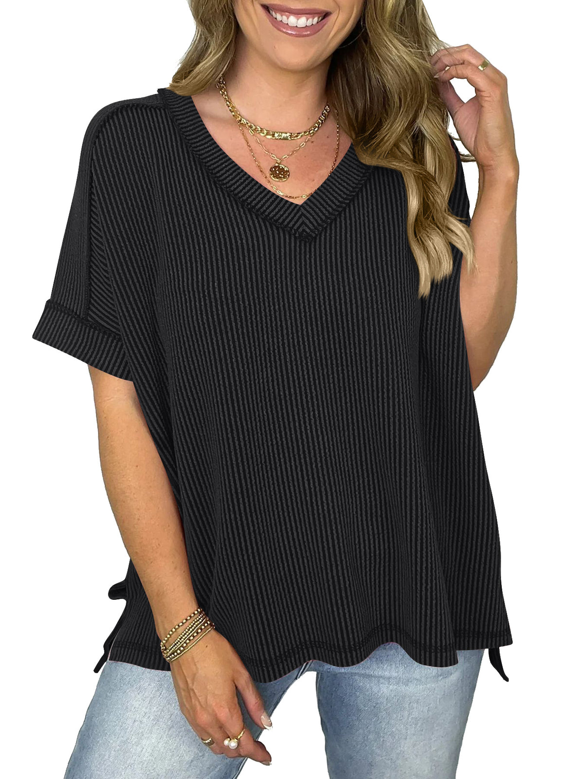 Waffle Knit V Neck Oversized Tee - DarkGrey
