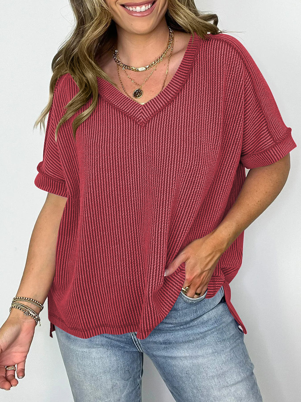 Waffle Knit V Neck Oversized Tee - Red