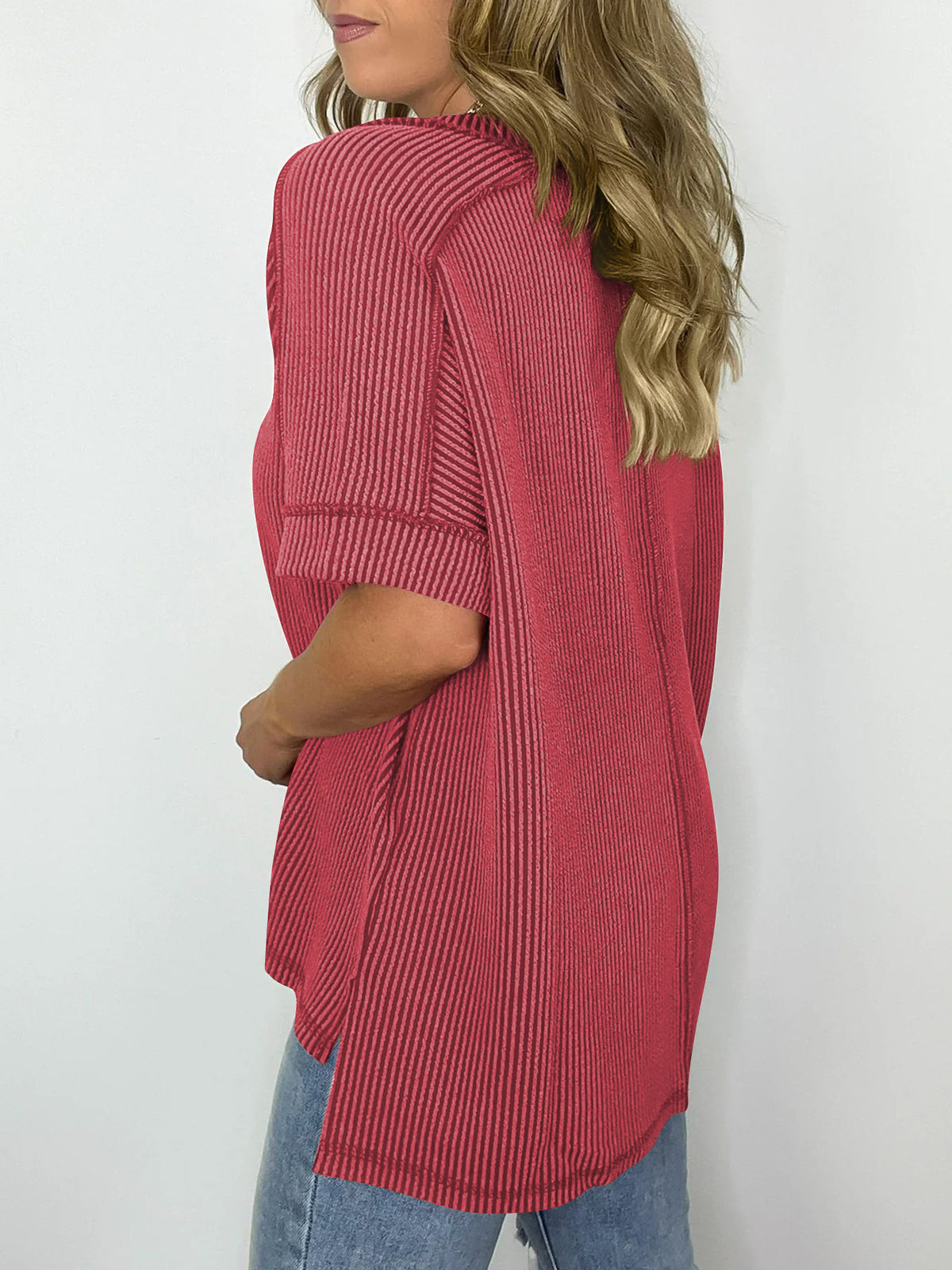 Waffle Knit V Neck Oversized Tee - Red - 1