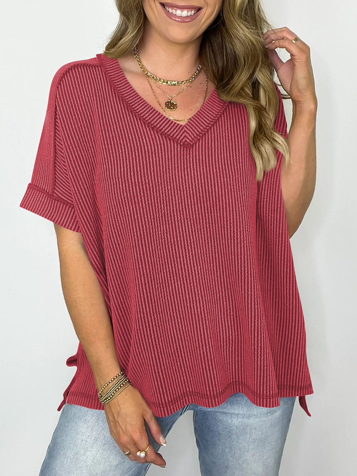 Waffle Knit V Neck Oversized Tee - Red - 2