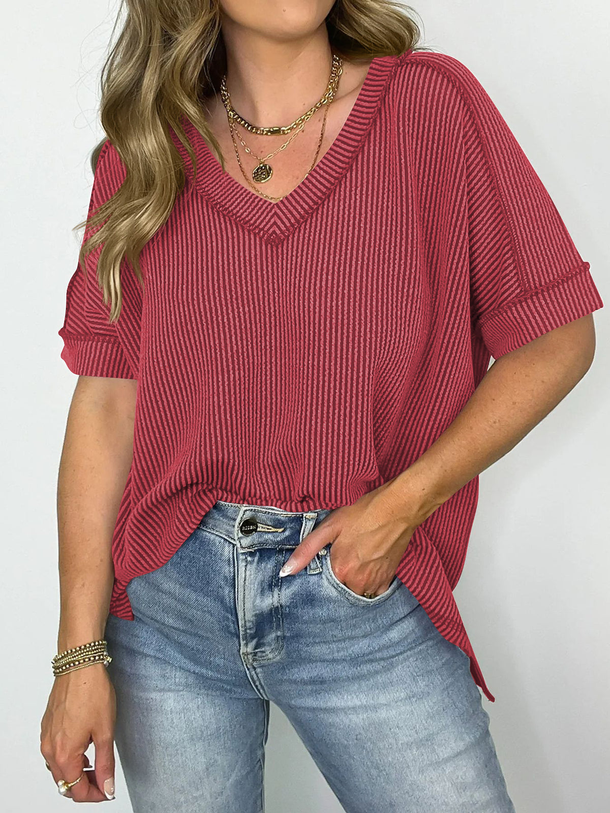 Waffle Knit V Neck Oversized Tee - Red - 3