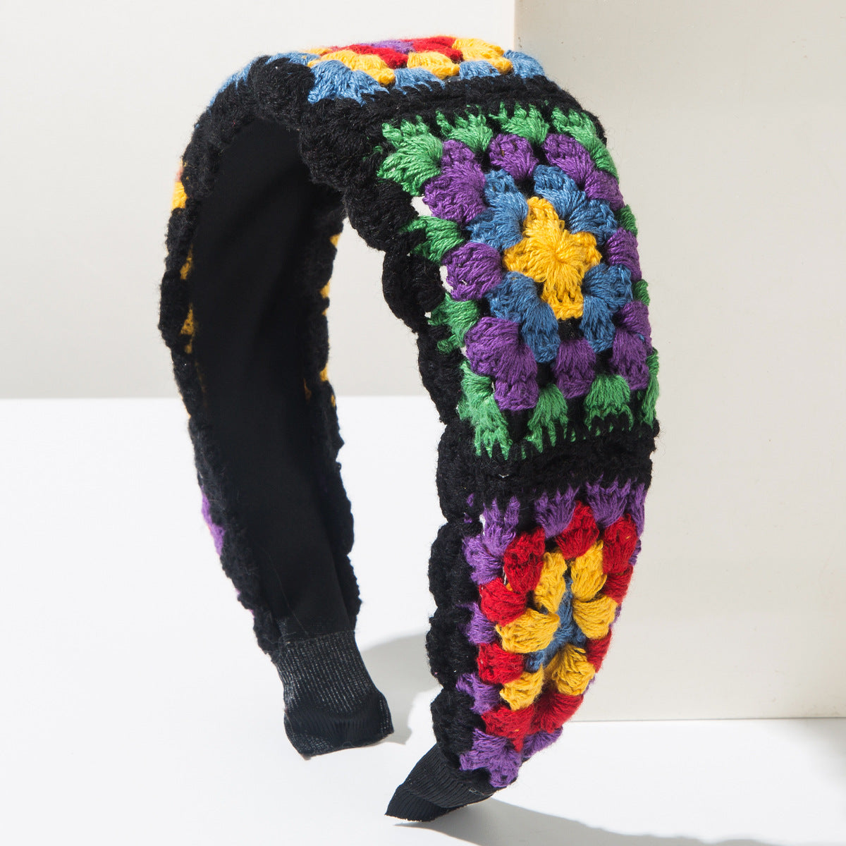 Boho Granny-Square Crochet Headband - Black