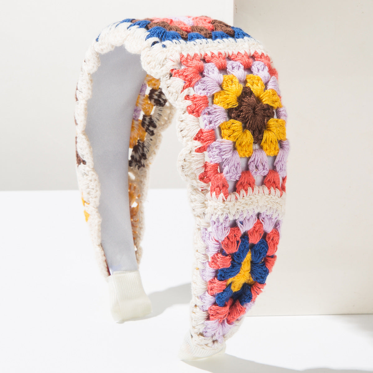 Boho Granny-Square Crochet Headband - White