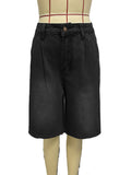 Faded Black Pleated Wide Leg Denim Shorts - Black