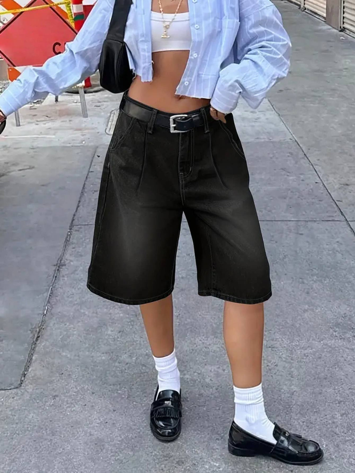 Faded Black Pleated Wide Leg Denim Shorts