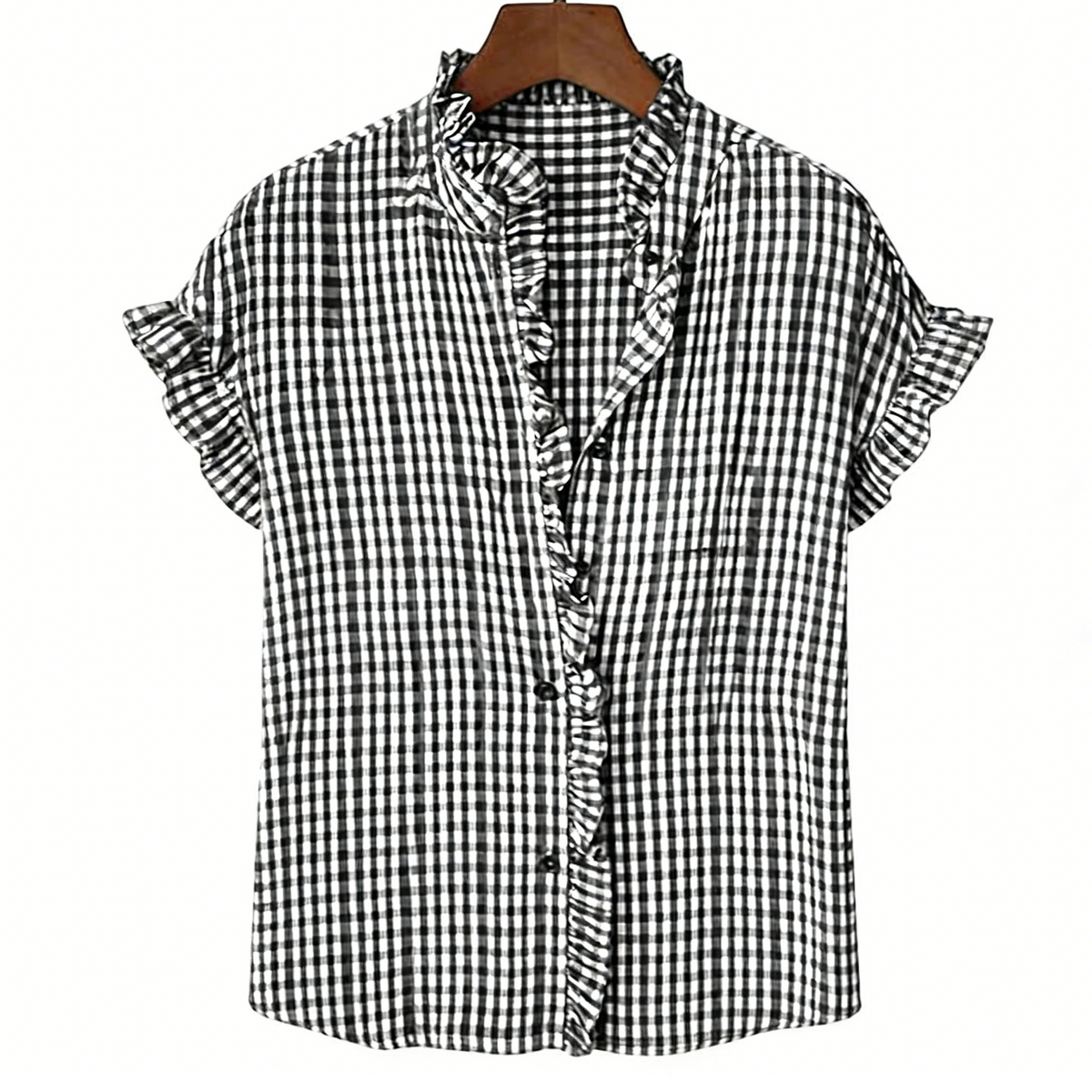 Gingham Ruffle Trim Flutter Sleeve Blouse - Black