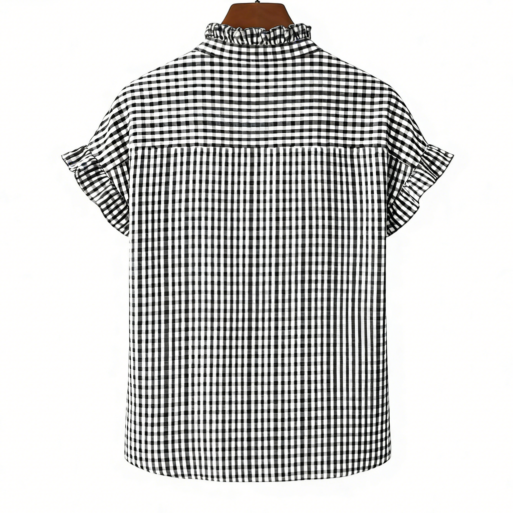 Gingham Ruffle Trim Flutter Sleeve Blouse - Black - 2