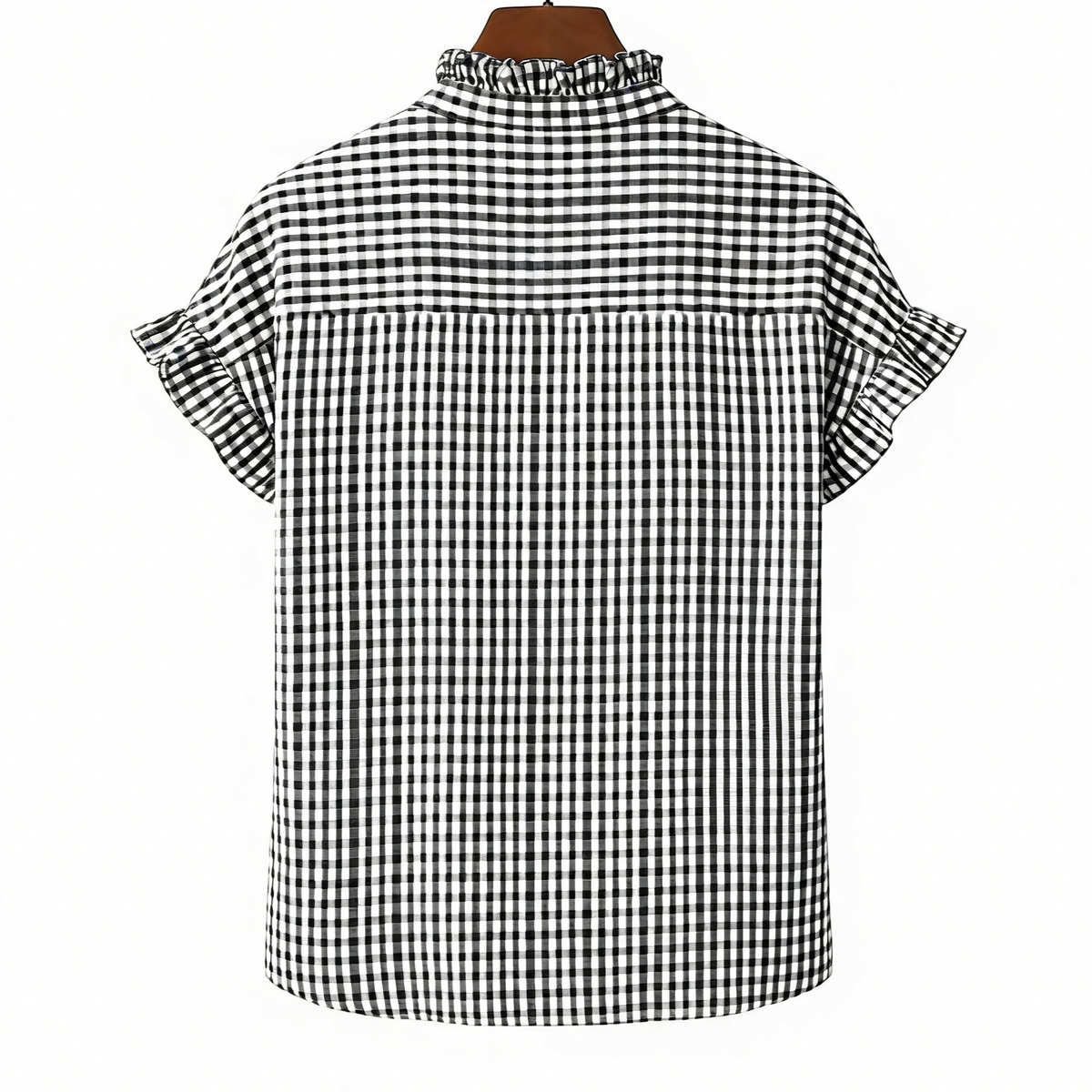 Gingham Ruffle Trim Flutter Sleeve Blouse - Black - 2