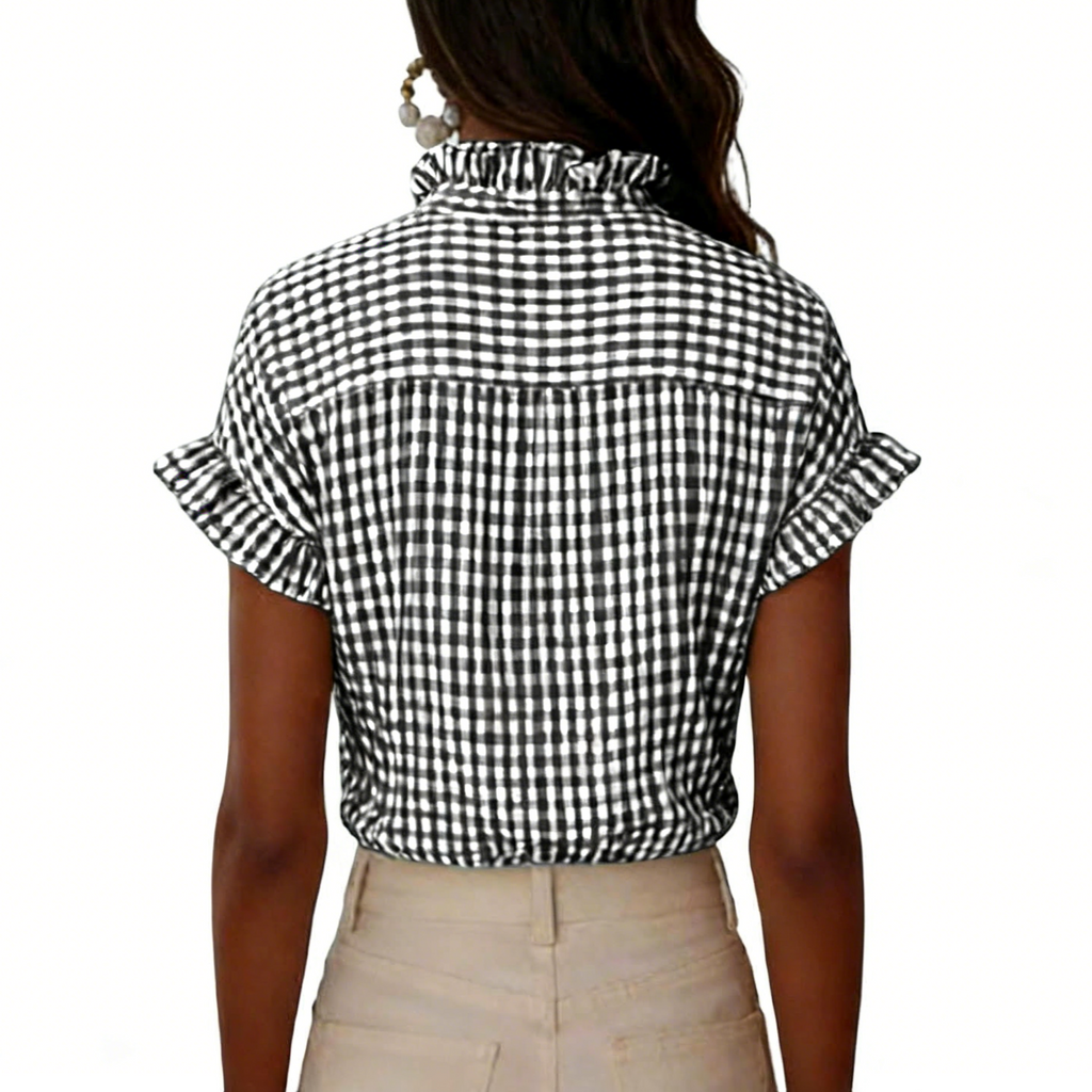 Gingham Ruffle Trim Flutter Sleeve Blouse - Black - 3