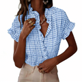 Gingham Ruffle Trim Flutter Sleeve Blouse - Blue