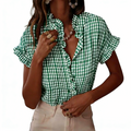 Gingham Ruffle Trim Flutter Sleeve Blouse - Green