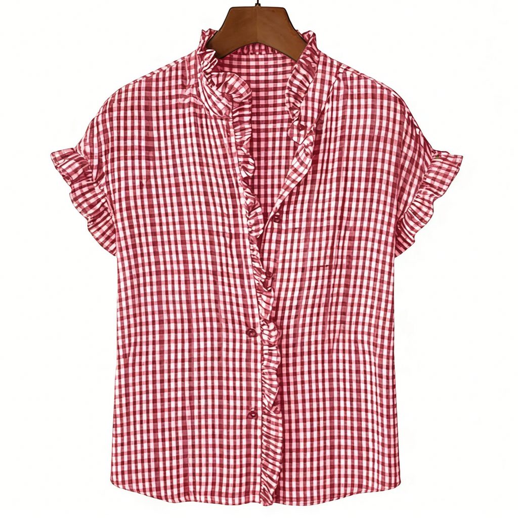 Gingham Ruffle Trim Flutter Sleeve Blouse - Red - 1