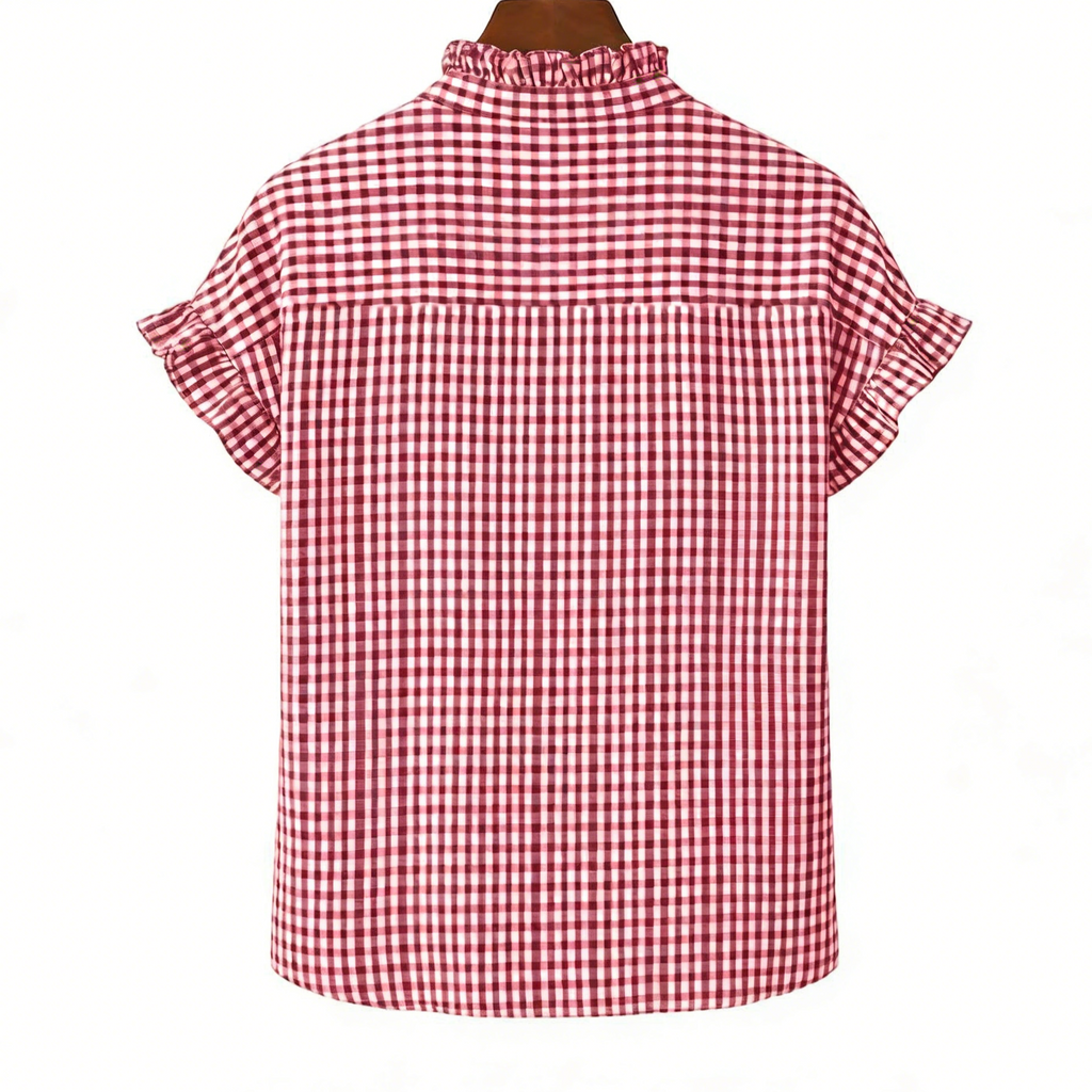 Gingham Ruffle Trim Flutter Sleeve Blouse - Red - 2