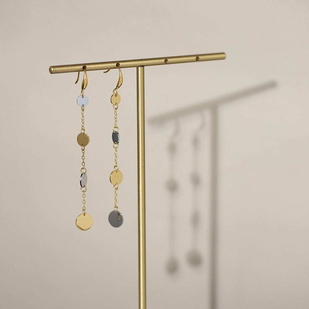Two Tone Coin Disc Long Drop Earrings - Gold