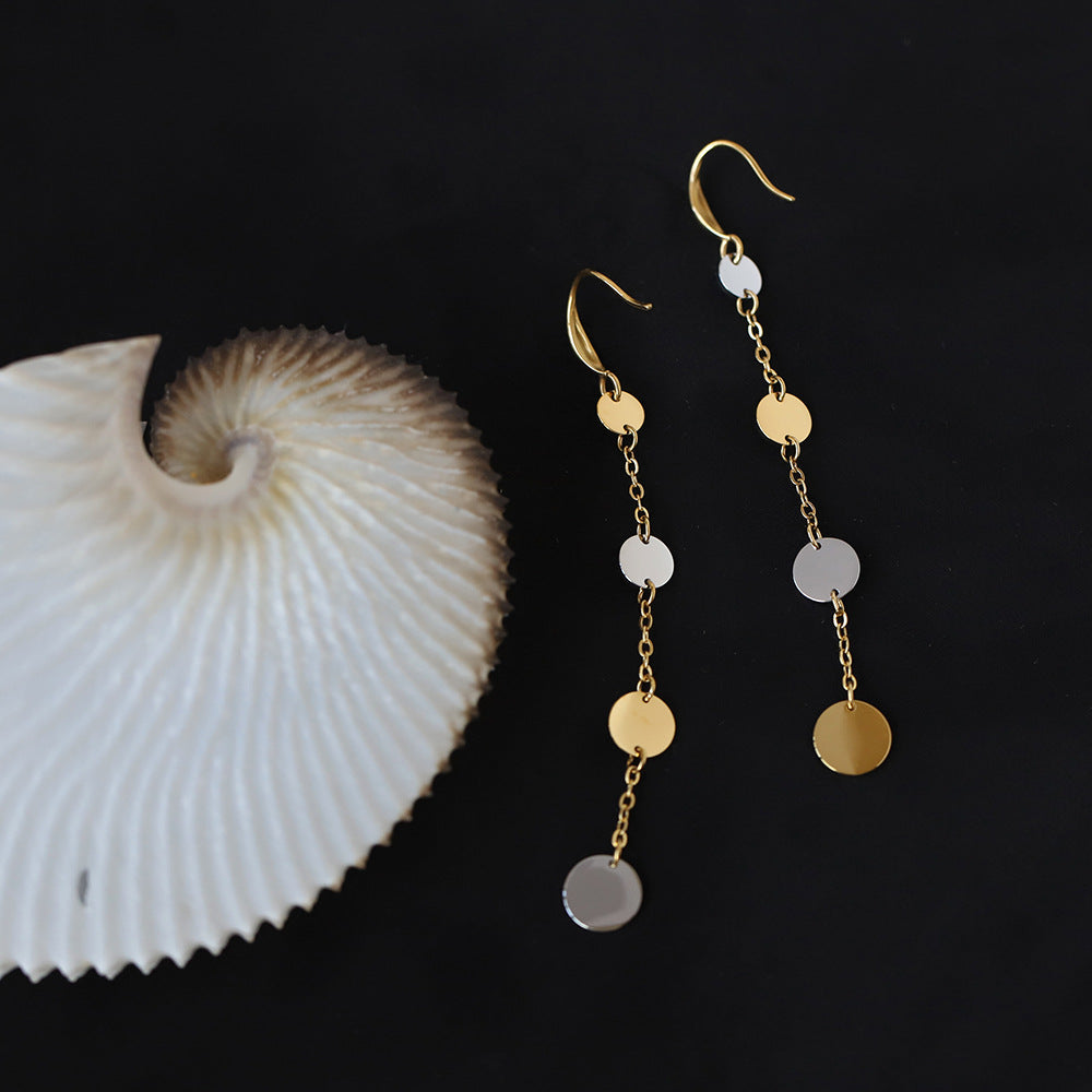 Two Tone Coin Disc Long Drop Earrings - Gold - 1