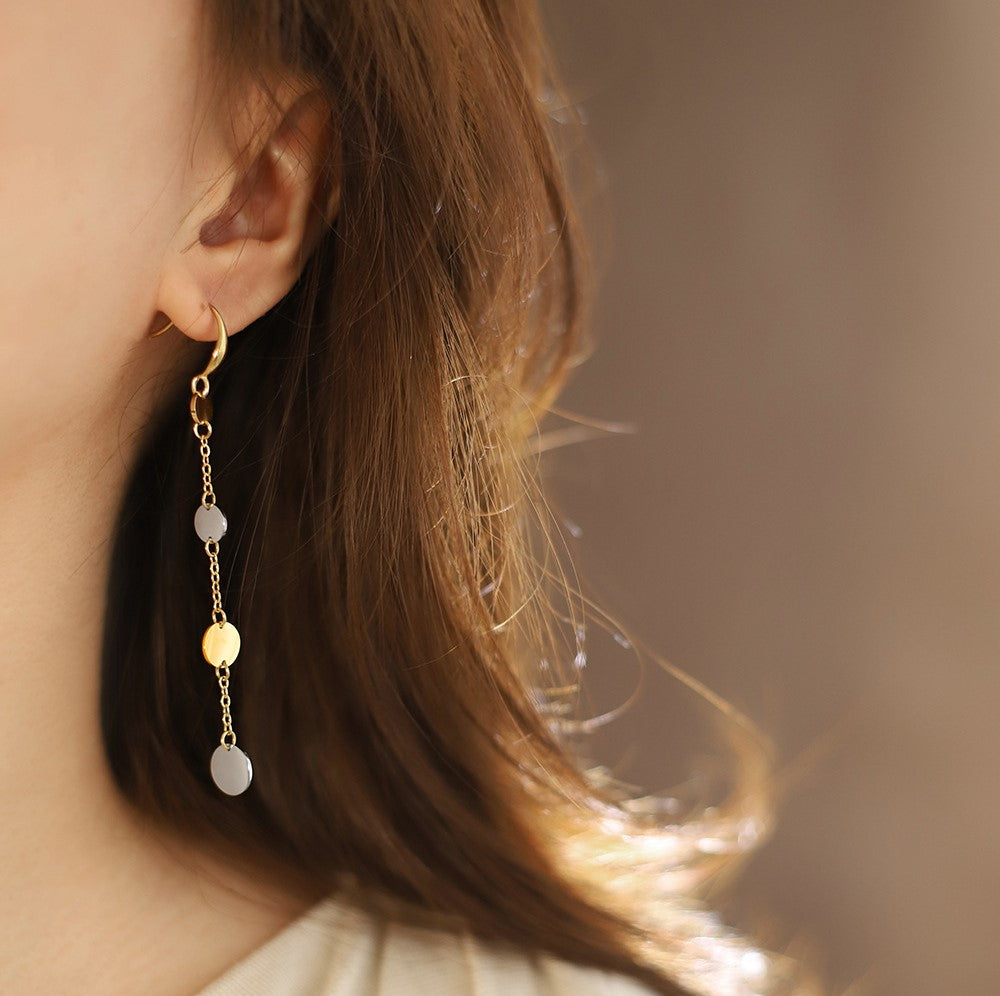 Two Tone Coin Disc Long Drop Earrings - Gold - 2