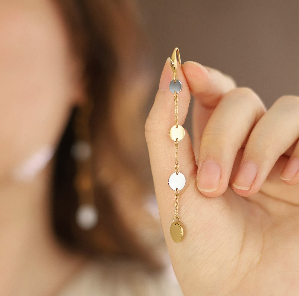 Two Tone Coin Disc Long Drop Earrings - Gold - 3