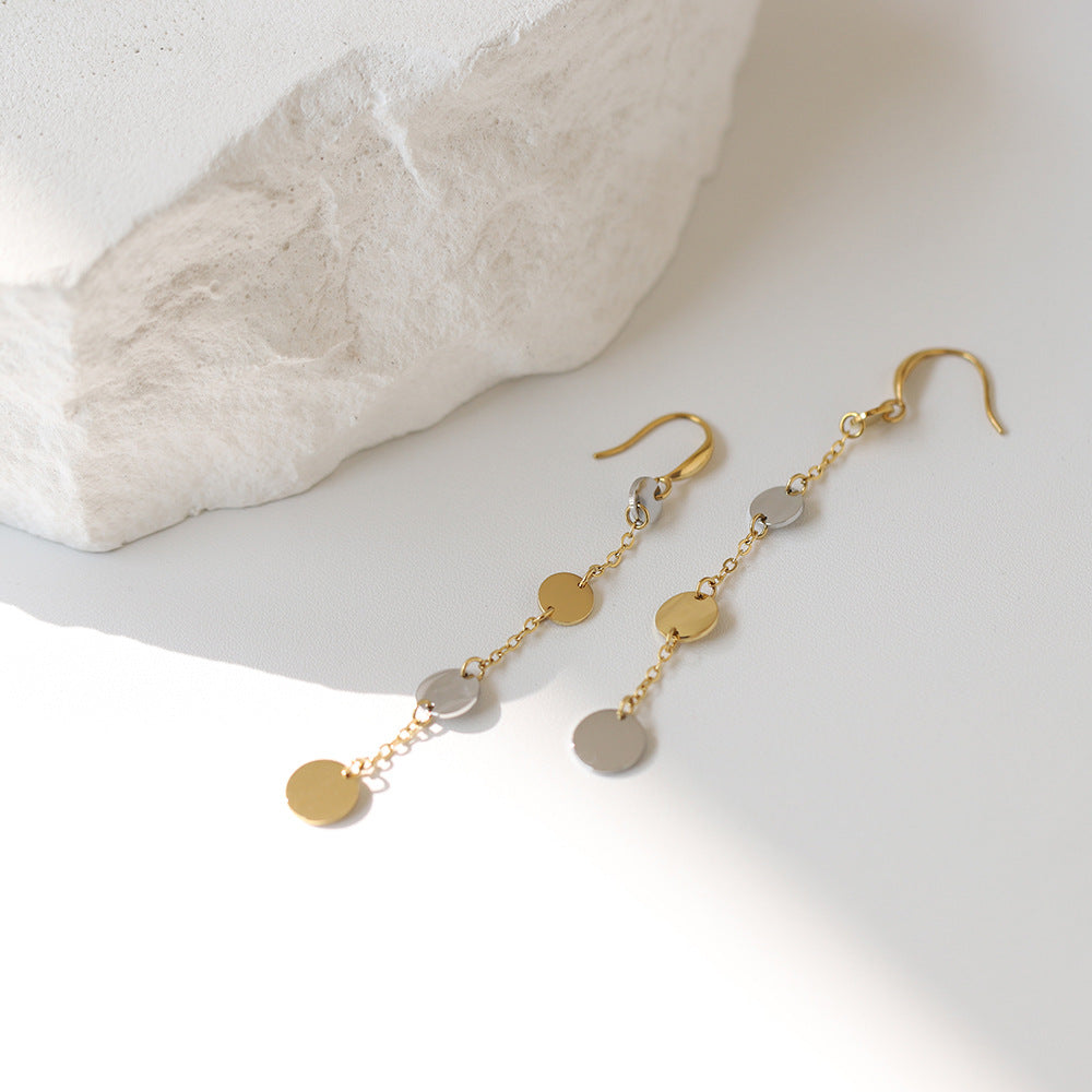 Two Tone Coin Disc Long Drop Earrings - Gold - 4