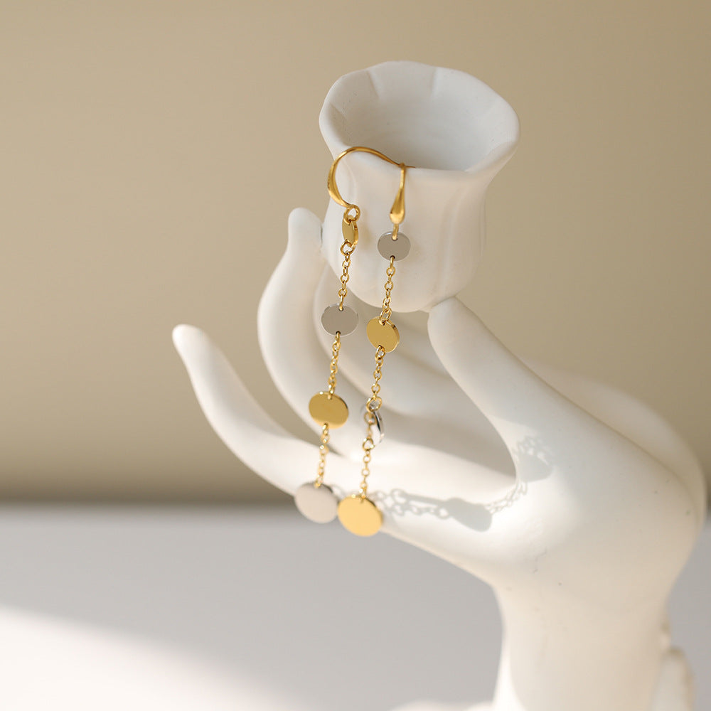 Two Tone Coin Disc Long Drop Earrings - Gold - 5
