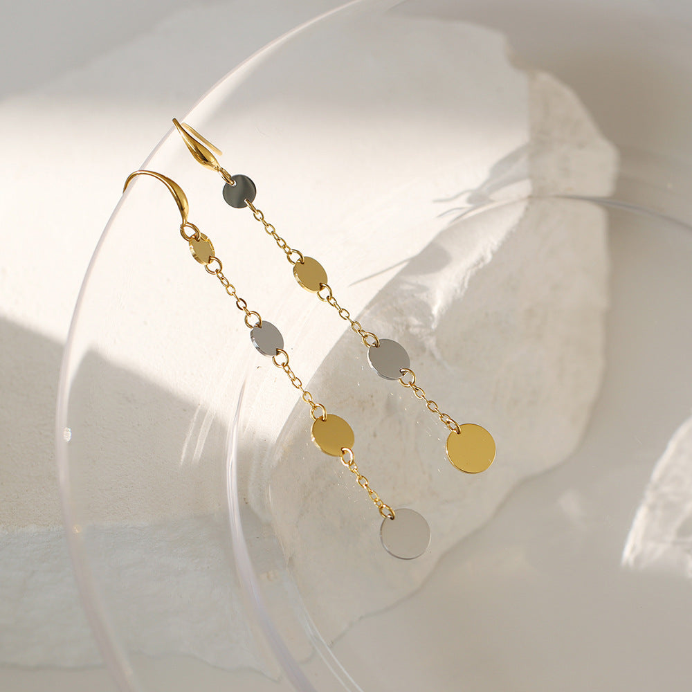 Two Tone Coin Disc Long Drop Earrings - Gold - 6