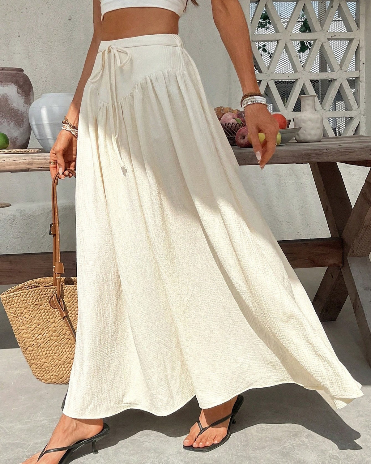 High Waist Maxi Skirt With Full Sweep - Apricot - 1