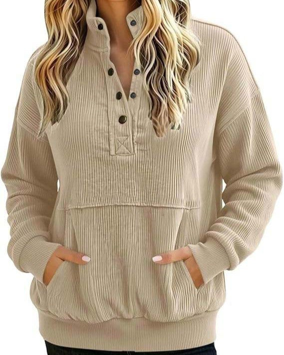 Ribbed Henley Pullover Sweatshirt With Kangaroo Pocket - Apricot