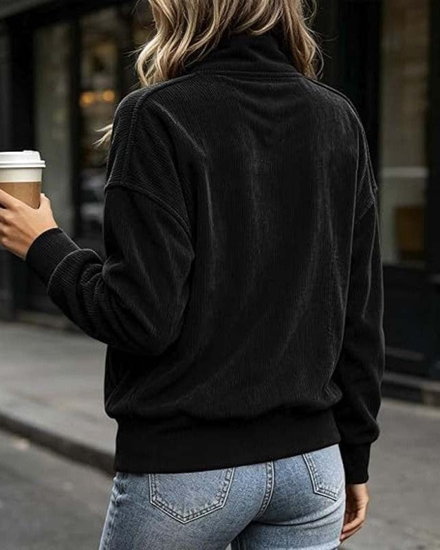 Ribbed Henley Pullover Sweatshirt With Kangaroo Pocket - Black - 1