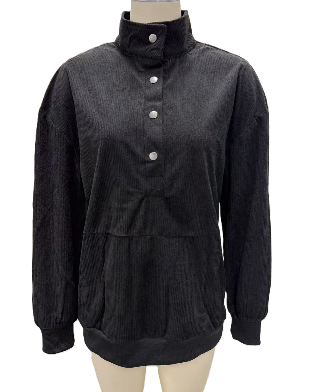 Ribbed Henley Pullover Sweatshirt With Kangaroo Pocket - Black - 2