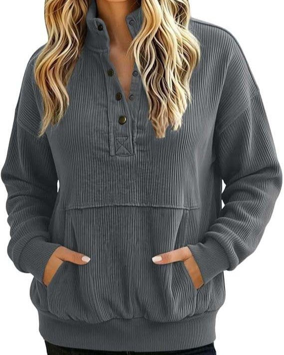 Ribbed Henley Pullover Sweatshirt With Kangaroo Pocket - Grey