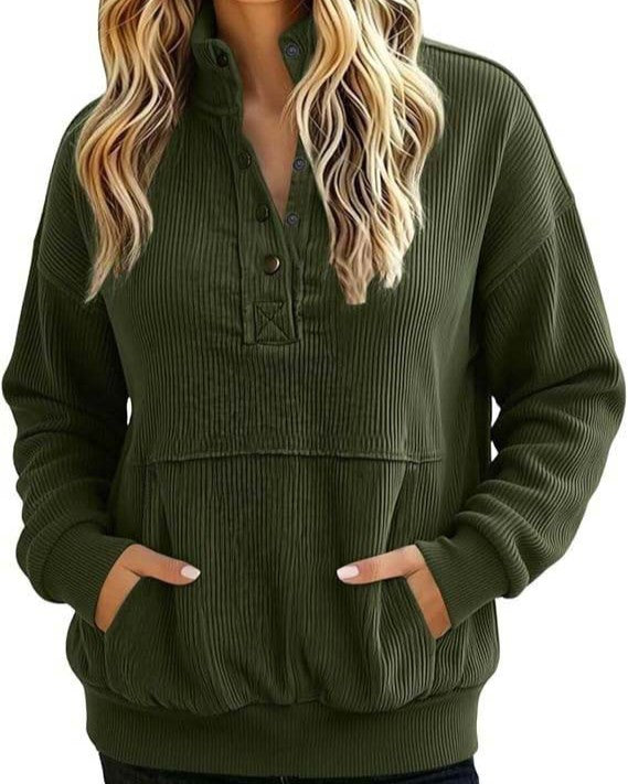 Ribbed Henley Pullover Sweatshirt With Kangaroo Pocket - MGreen