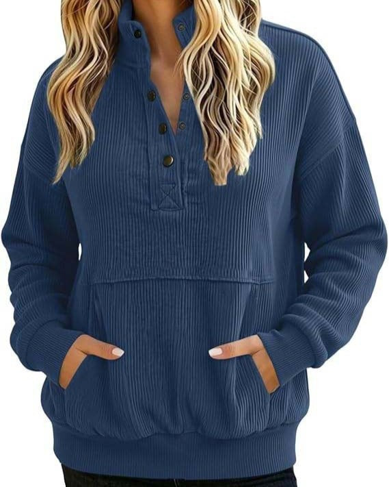 Ribbed Henley Pullover Sweatshirt With Kangaroo Pocket - Navy