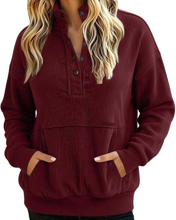 Ribbed Henley Pullover Sweatshirt With Kangaroo Pocket - Wine_Red