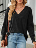 Drop Shoulder V Neck Brushed Knit Top - Black