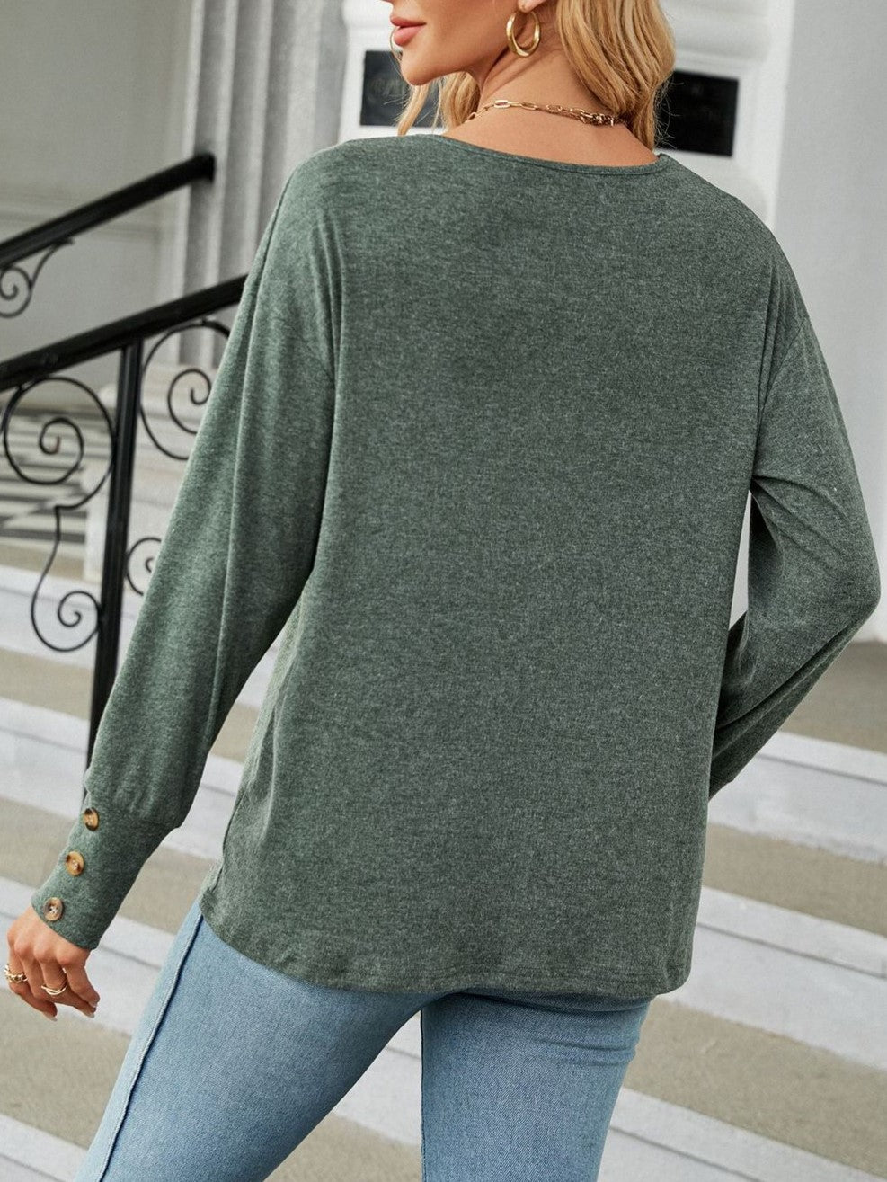 Drop Shoulder V Neck Brushed Knit Top - olive - 4