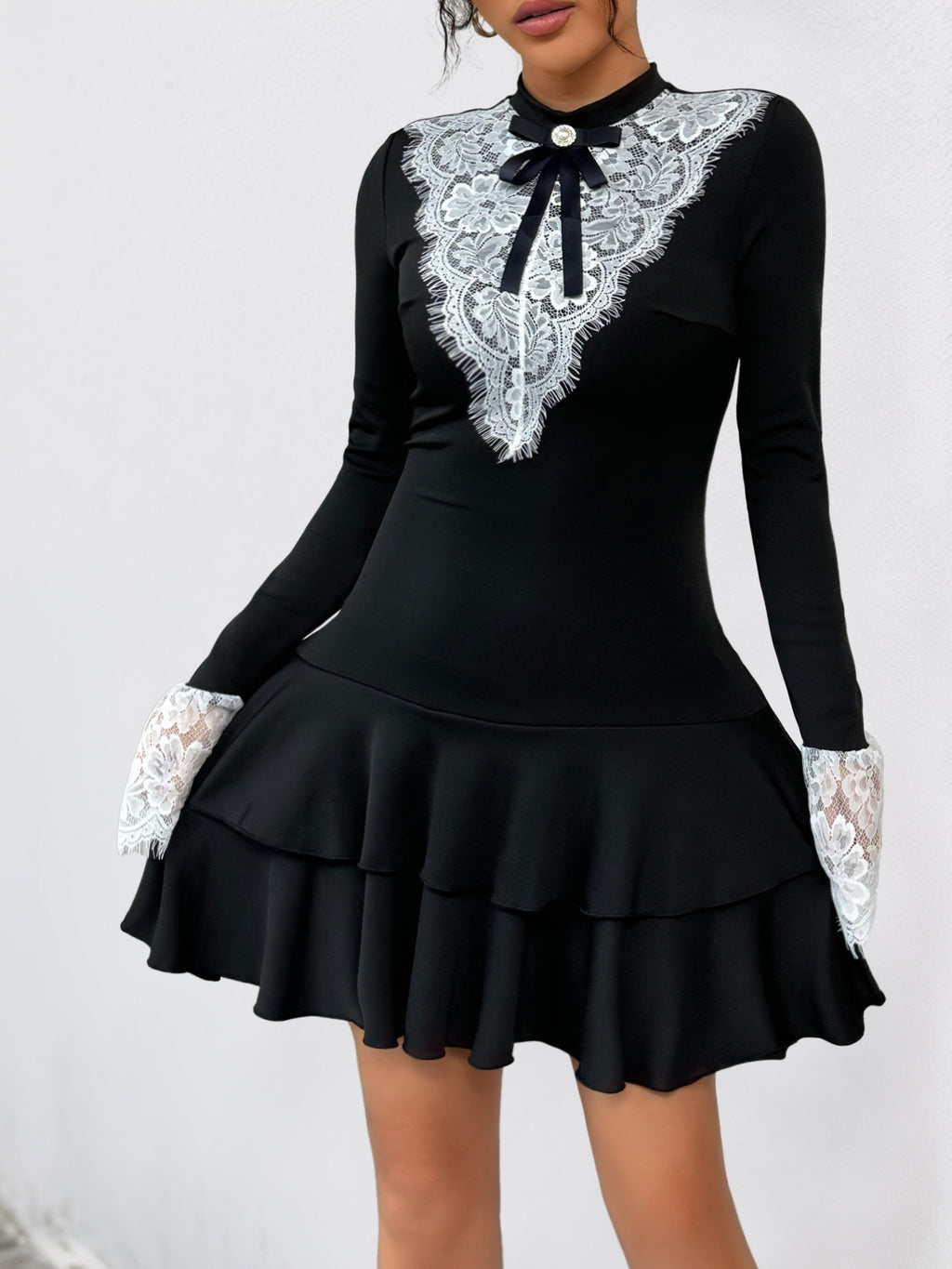 Lace Trim Tiered Mini Dress With Bow Brooch - view 1