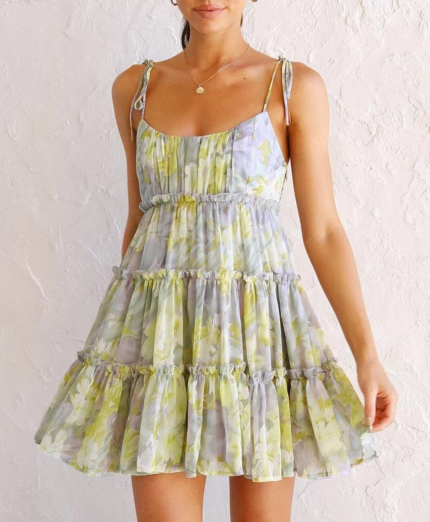 Watercolor Floral Tiered Mini Sundress - Green