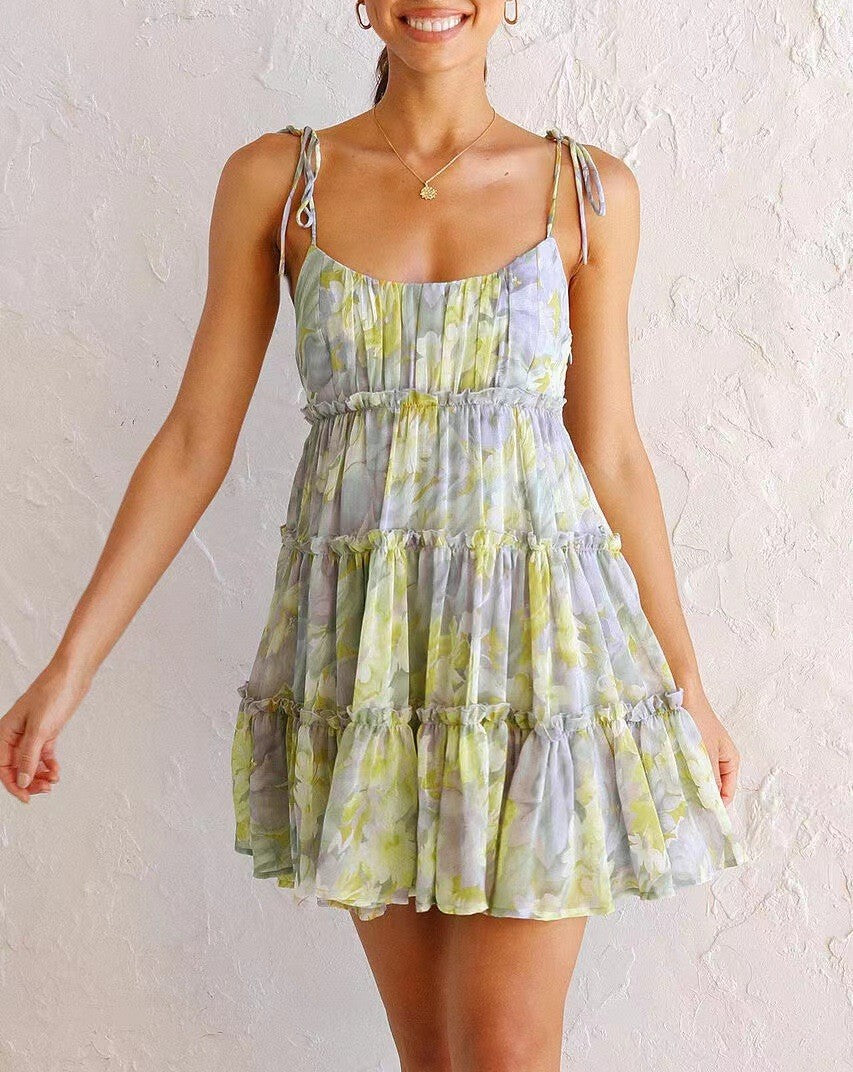 Watercolor Floral Tiered Mini Sundress - Green - 1