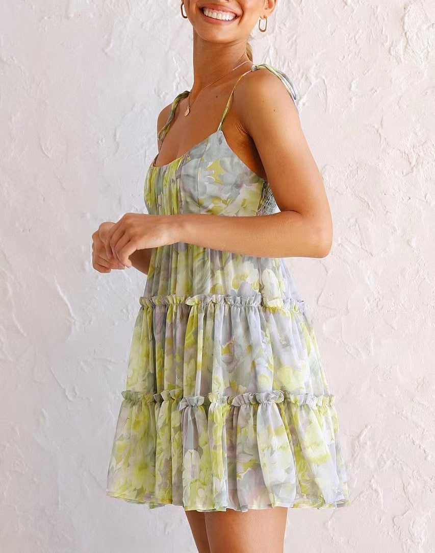 Watercolor Floral Tiered Mini Sundress - Green - 6