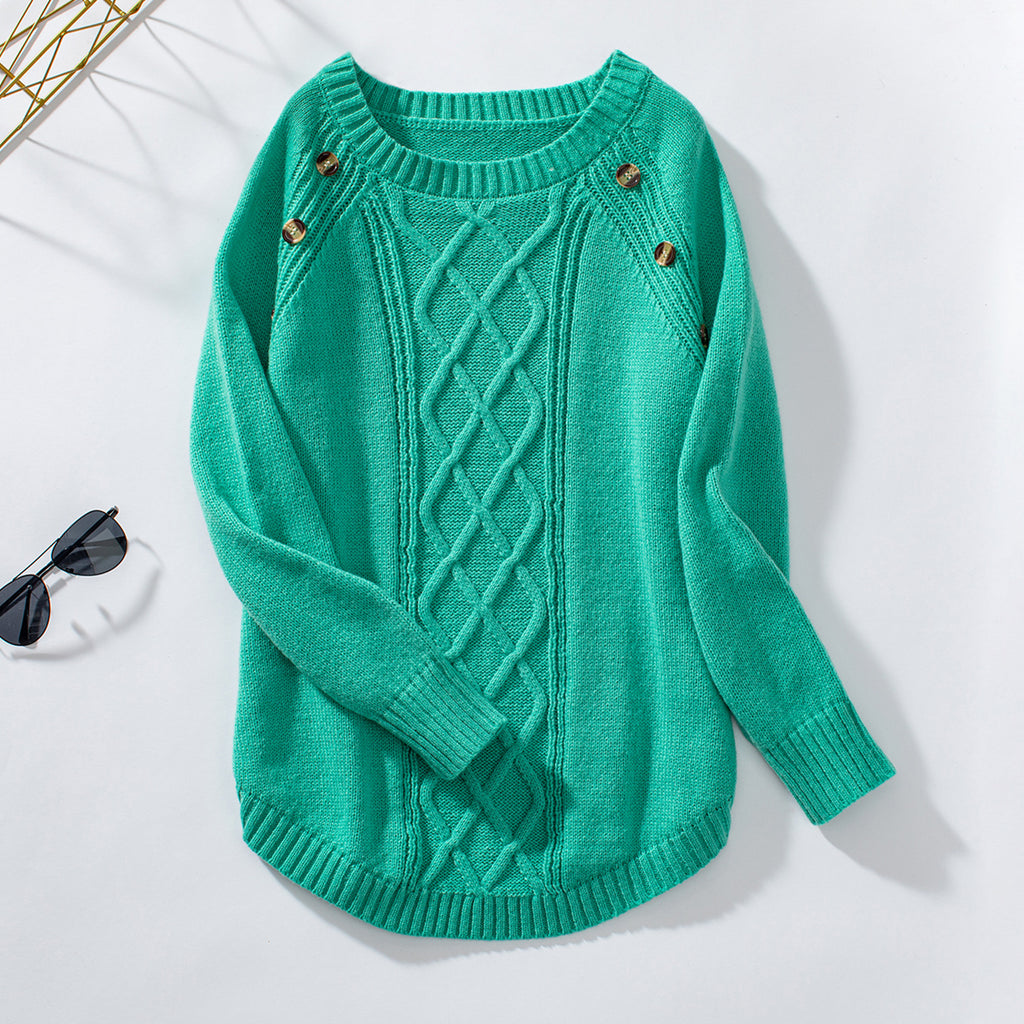 Cable Panel Button Shoulder Crewneck Sweater - Green