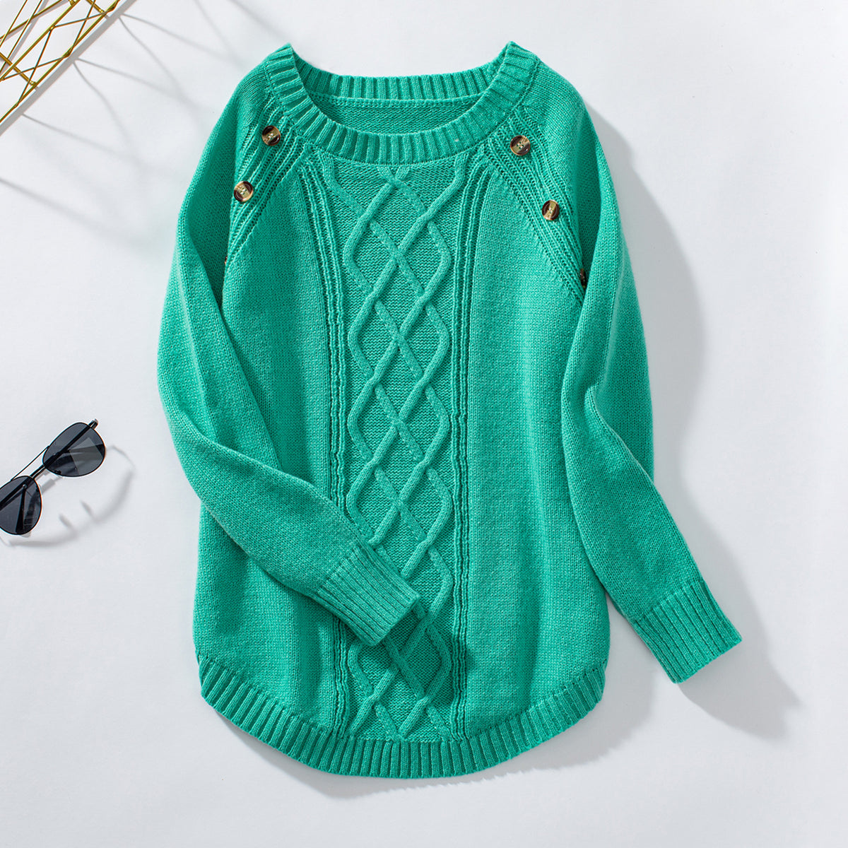 Cable Panel Button Shoulder Crewneck Sweater - Green