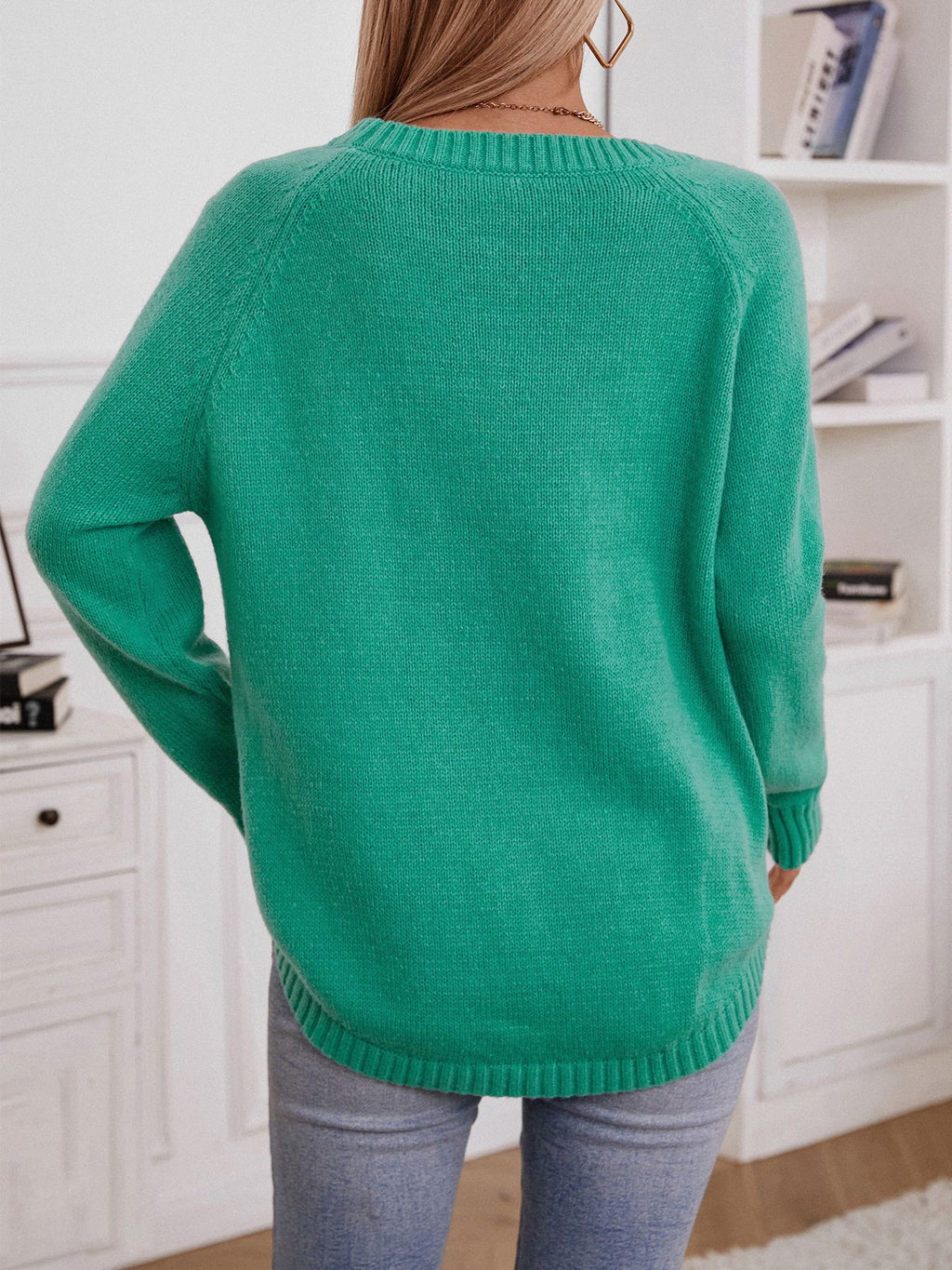 Cable Panel Button Shoulder Crewneck Sweater - Green - 7