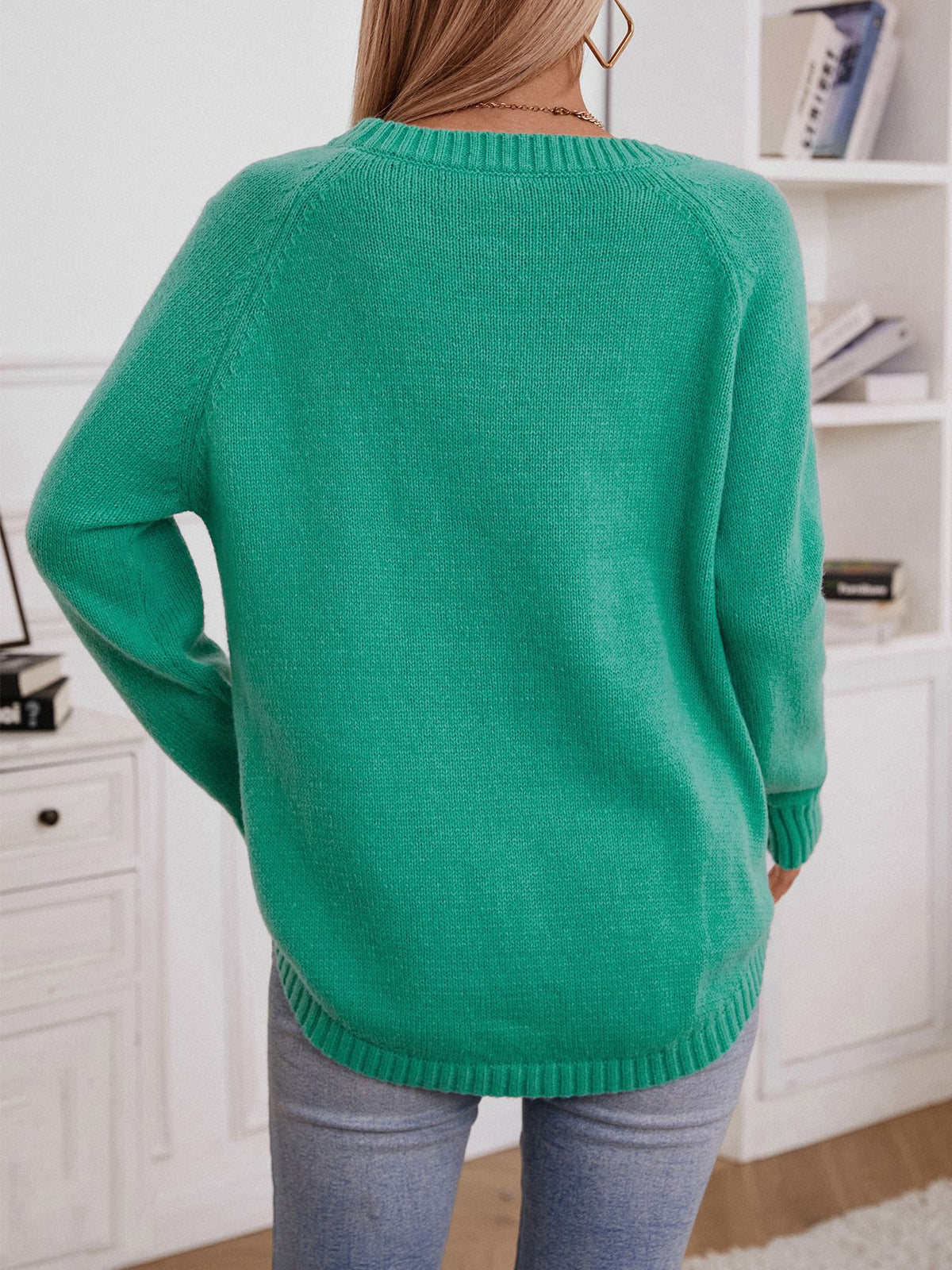 Cable Panel Button Shoulder Crewneck Sweater - Green - 7