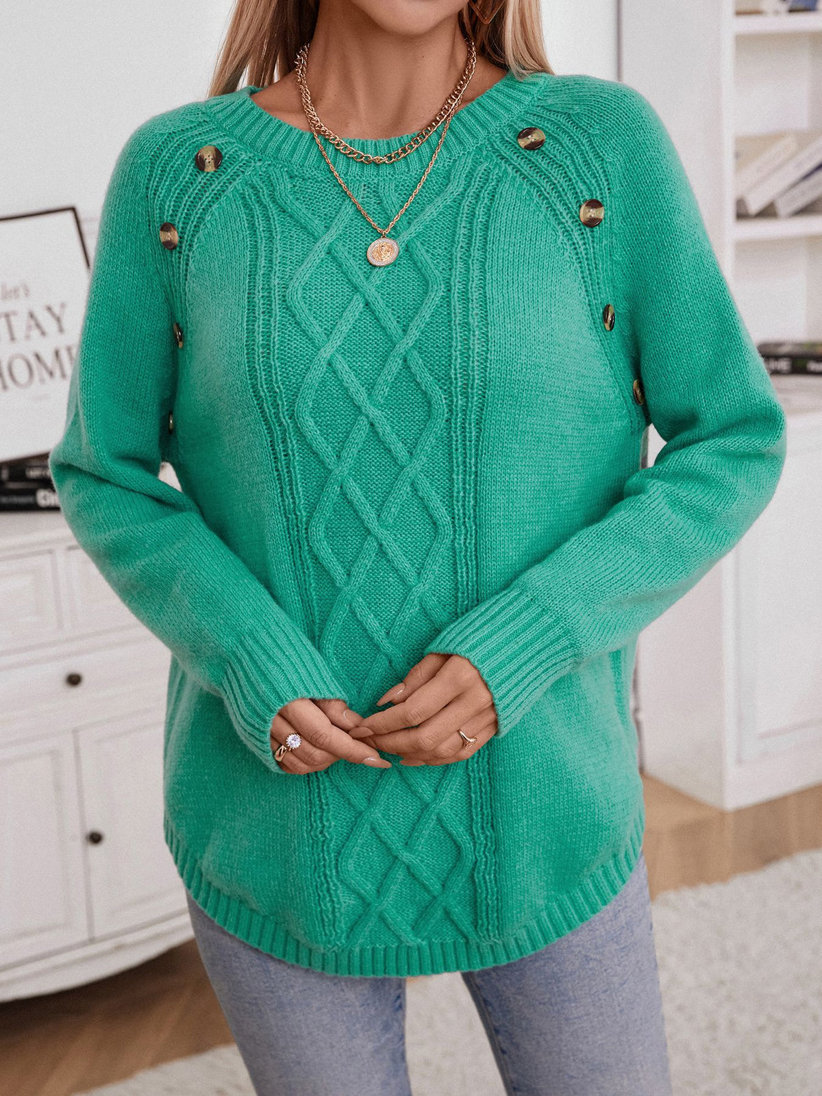 Cable Panel Button Shoulder Crewneck Sweater - Green - 8